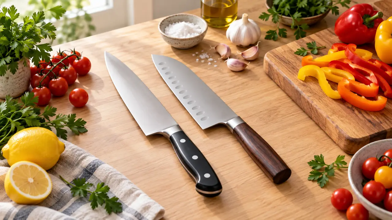 Couteau de chef et couteau santoku posés sur une planche en bois avec des légumes frais