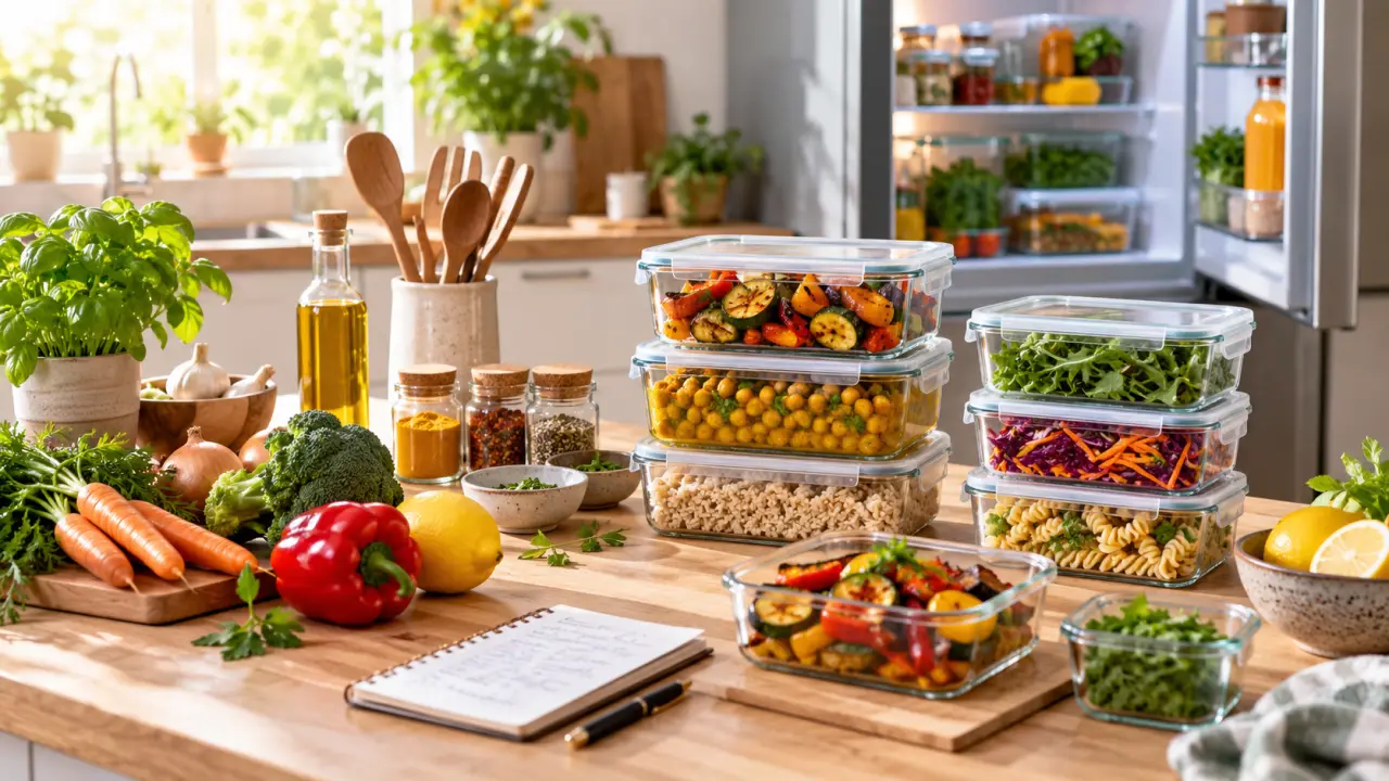 Boîtes hermétiques et ingrédients frais préparés pour une session de batch cooking