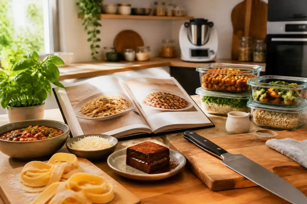 Plan de travail chaleureux avec des ingrédients frais pour la cuisine maison