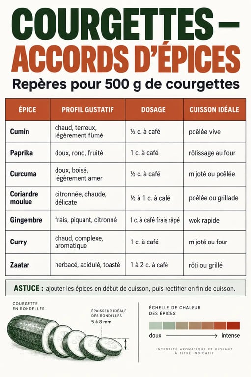 Quelles épices avec courgettes : tableau visuel des associations et dosages