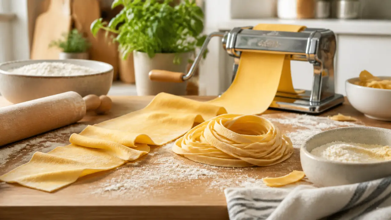 Pâtes fraîches maison sur un plan de travail rustique avec basilic, tomates et ingrédients frais