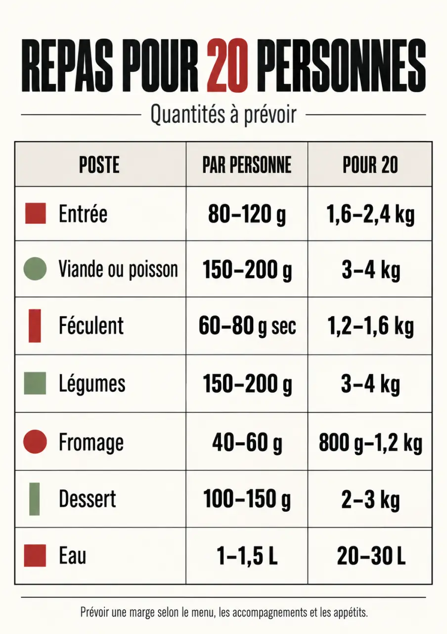 Infographie des quantités à prévoir pour un repas 20 personnes