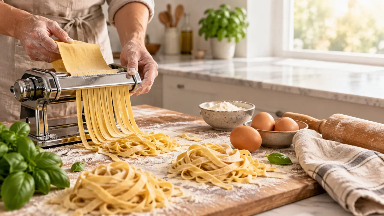 Préparation de pâtes fraîches maison sur un plan de travail fariné