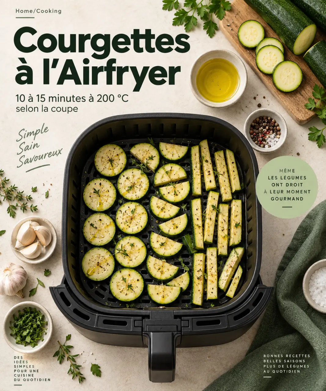 Courgettes à l’Airfryer : 10 à 15 minutes à 200 °C selon la coupe