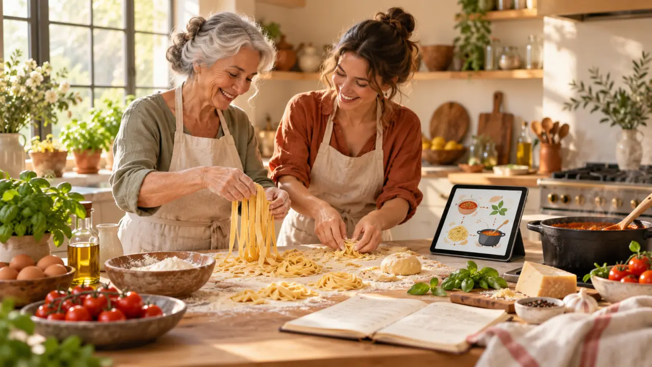 Table de cuisine rustique avec des ingrédients frais et un plat de pâtes