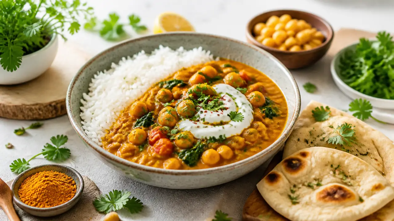 Curry de pois chiches servi dans un bol, avec riz et herbes fraîches