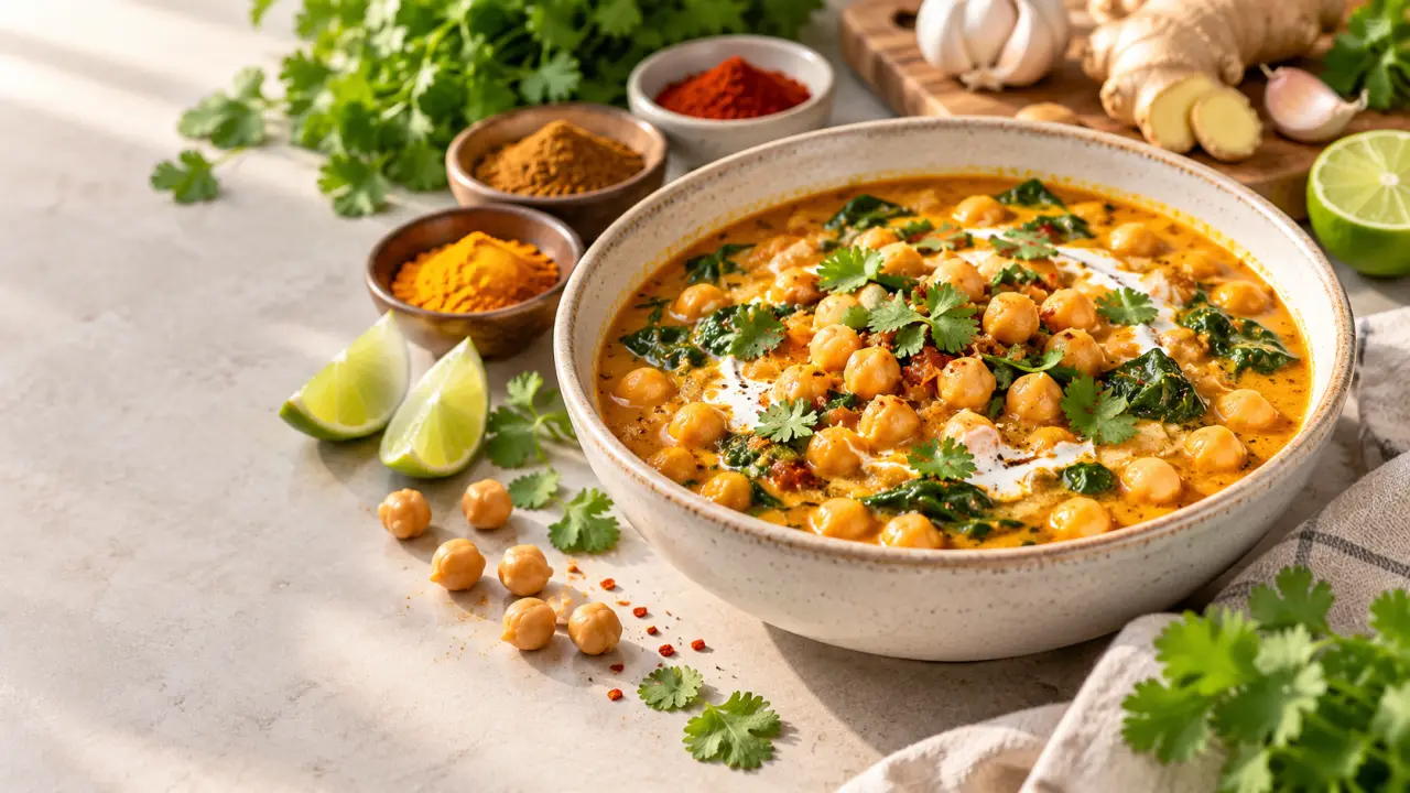Curry de pois chiches crémeux servi dans un bol avec du riz et des herbes fraîches