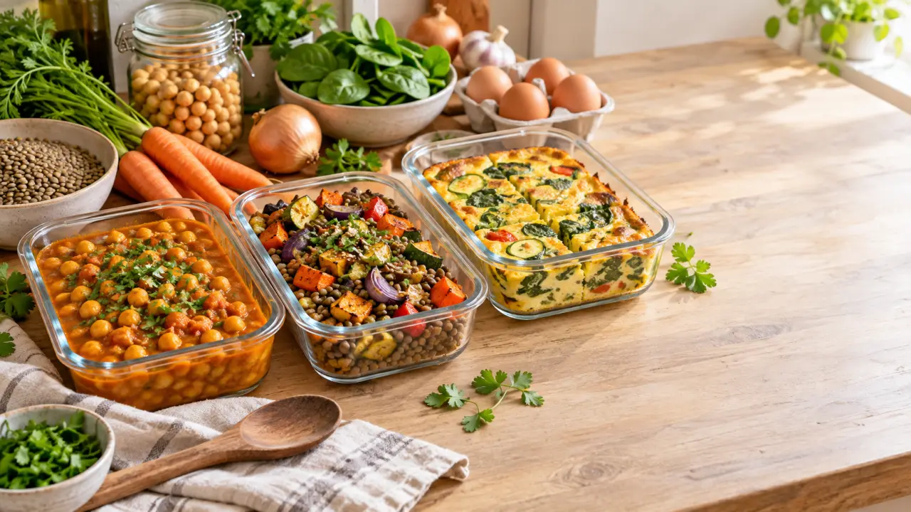 Préparations économiques à base de légumineuses, légumes et œufs dans une cuisine lumineuse