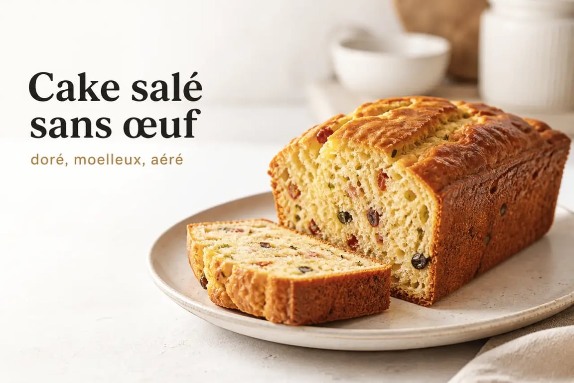 Cake salé sans oeuf moelleux et doré, présenté en tranche appétissante