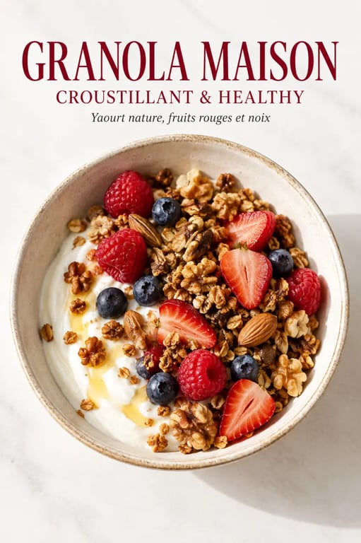 Recette granola maison healthy croustillant servi avec yaourt et fruits rouges