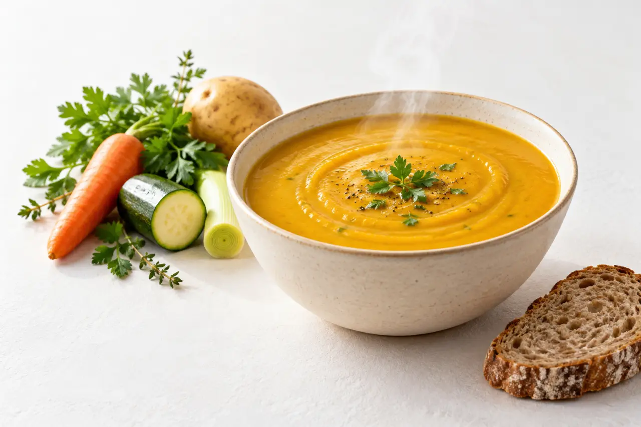 Recette soupe Thermomix de légumes maison dans un bol, velouté carotte courgette poireau
