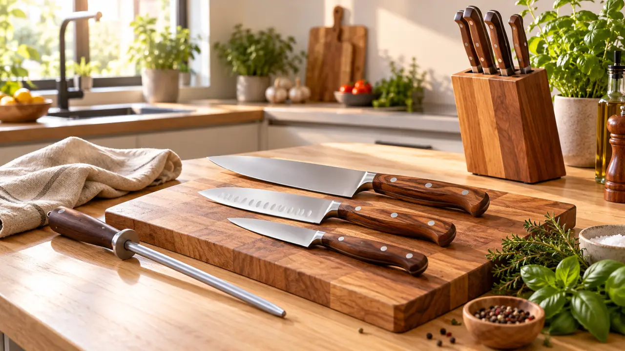 Couteaux de cuisine entretenus sur une planche en bois, près de légumes frais