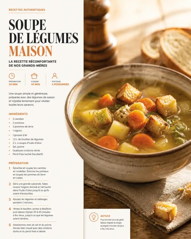 Recette soupe legume grand mere servie dans un bol avec croûtons