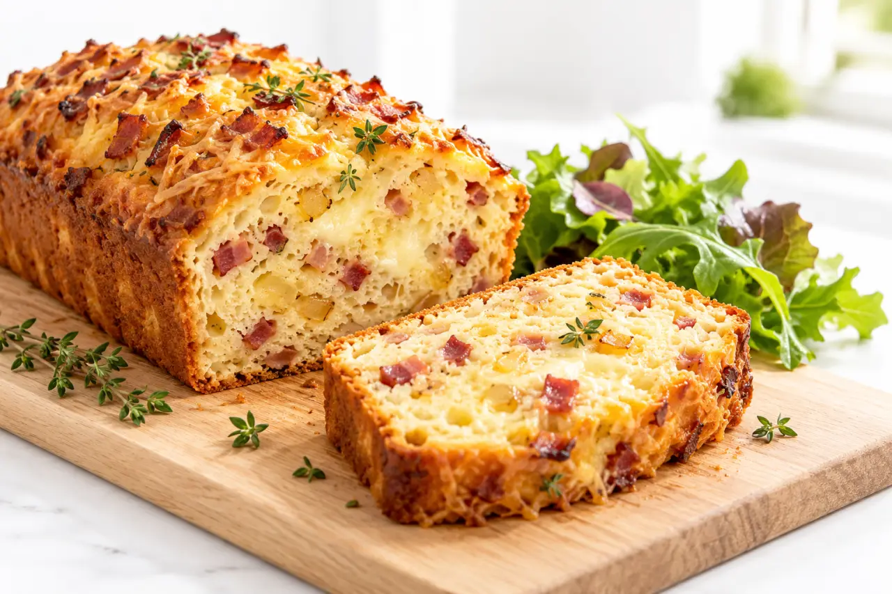 Cake sans levure salé aux lardons, aux oignons et au gruyère tranché