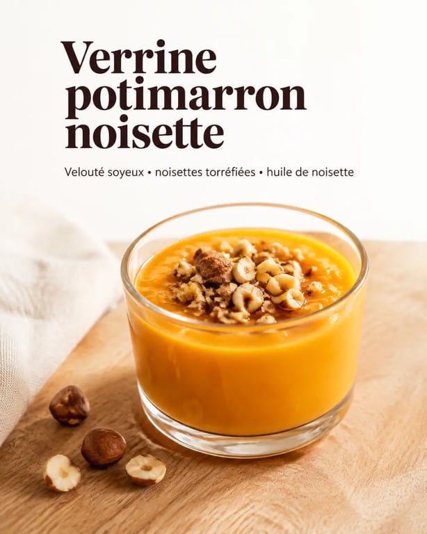 Verrine potimarron noisette servie en verrine transparente avec noisettes torréfiées