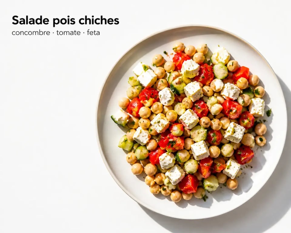 Recettes saines faciles : salade de pois chiches, concombre, tomate et feta en vue du dessus