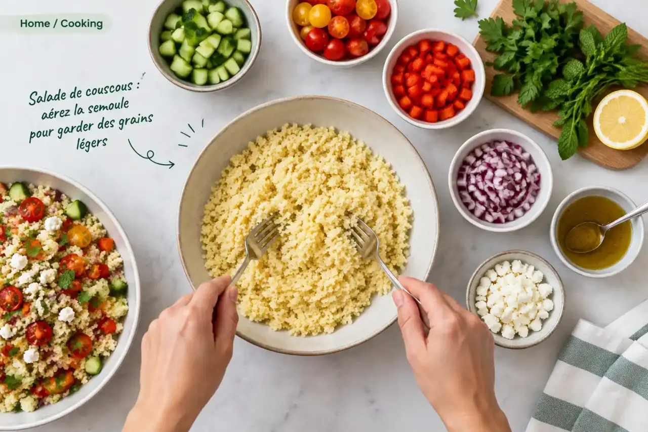 Salade de couscous : aérez la semoule pour garder des grains légers