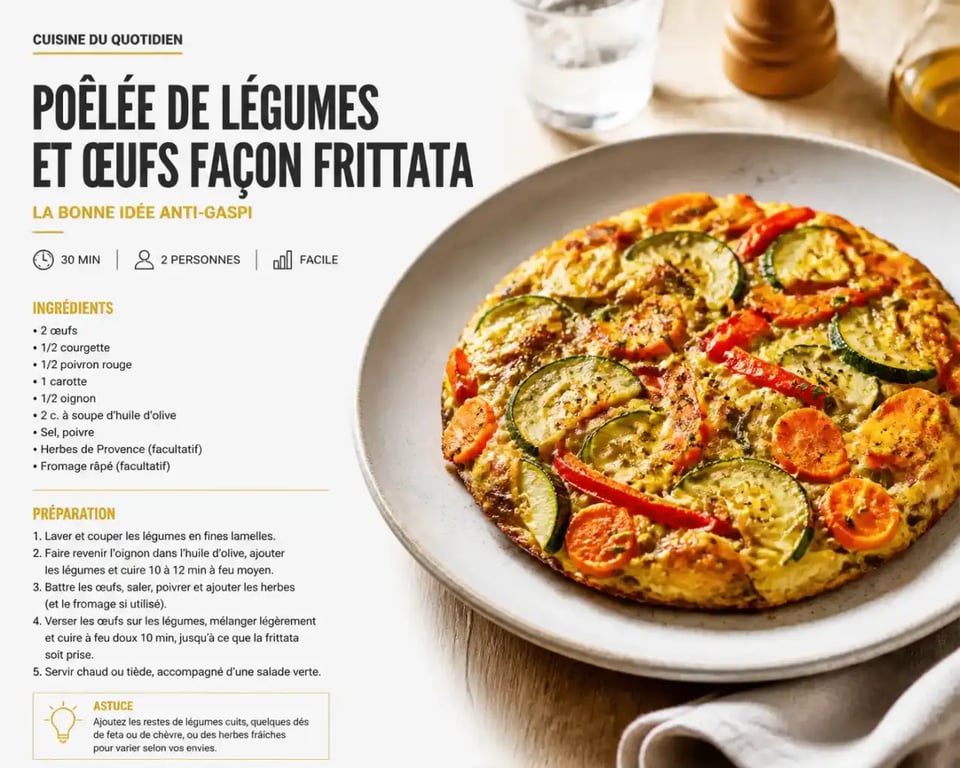 Recette reste frigo : poêlée de légumes et œufs dressée dans une assiette