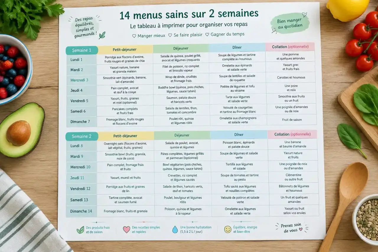 14 menus sains sur 2 semaines : le tableau à imprimer pour organiser vos repas