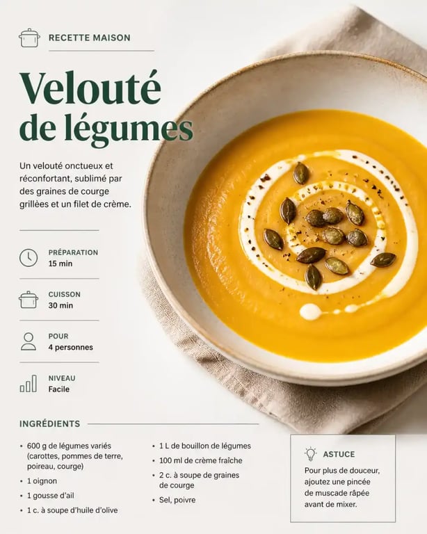 Velouté de légumes maison onctueux préparé au Thermomix dans une assiette élégante