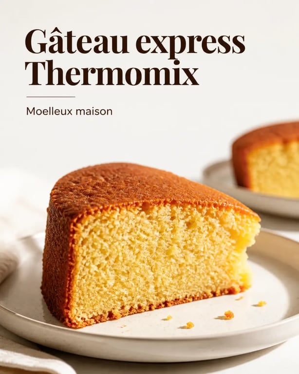 Gâteau express Thermomix moelleux présenté en tranche sur assiette claire