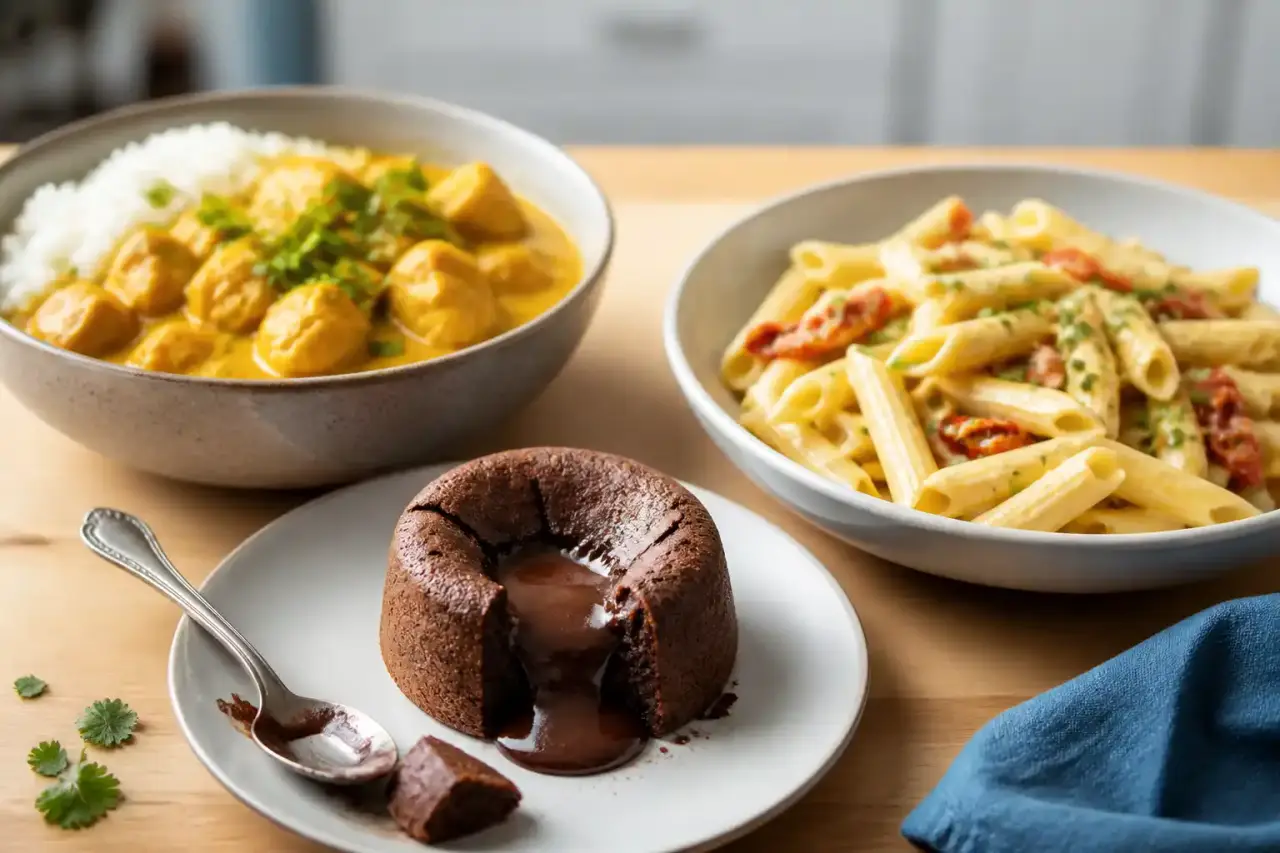 Table de cuisine rustique avec ingrédients frais et plat de pâtes dressé