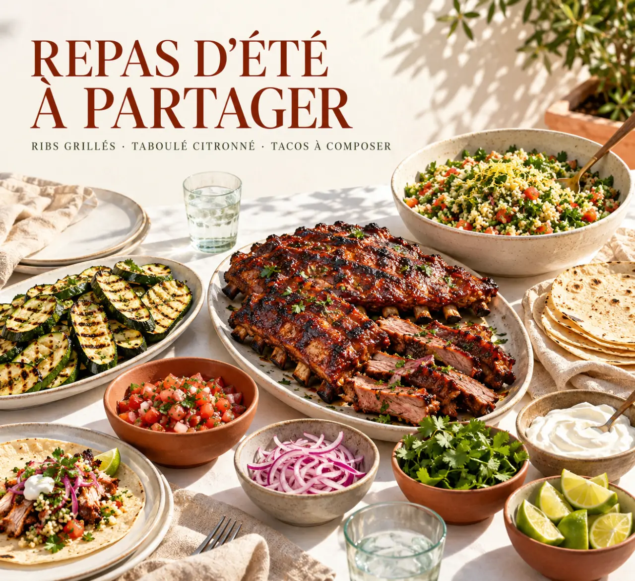 Plats conviviaux et estivaux à partager au barbecue sur une terrasse