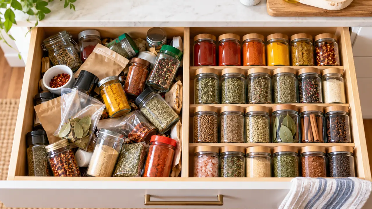 Tiroir à épices organisé avec des pots bien alignés dans une cuisine lumineuse