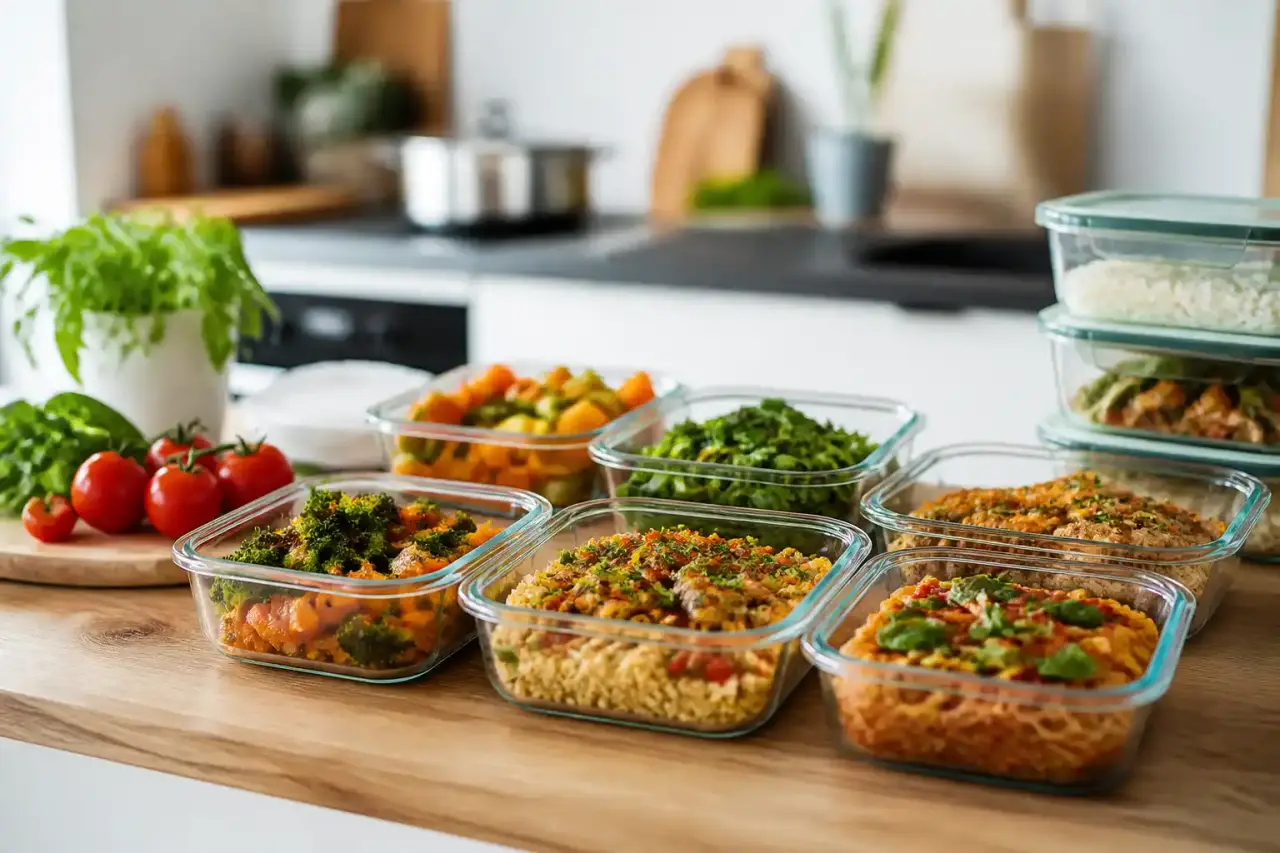 Table de cuisine rustique avec ingrédients frais et plats préparés pour un batch cooking du dimanche