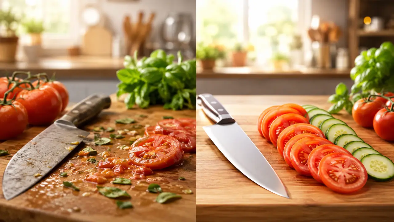 Table de cuisine rustique avec ingrédients frais et couteaux bien entretenus
