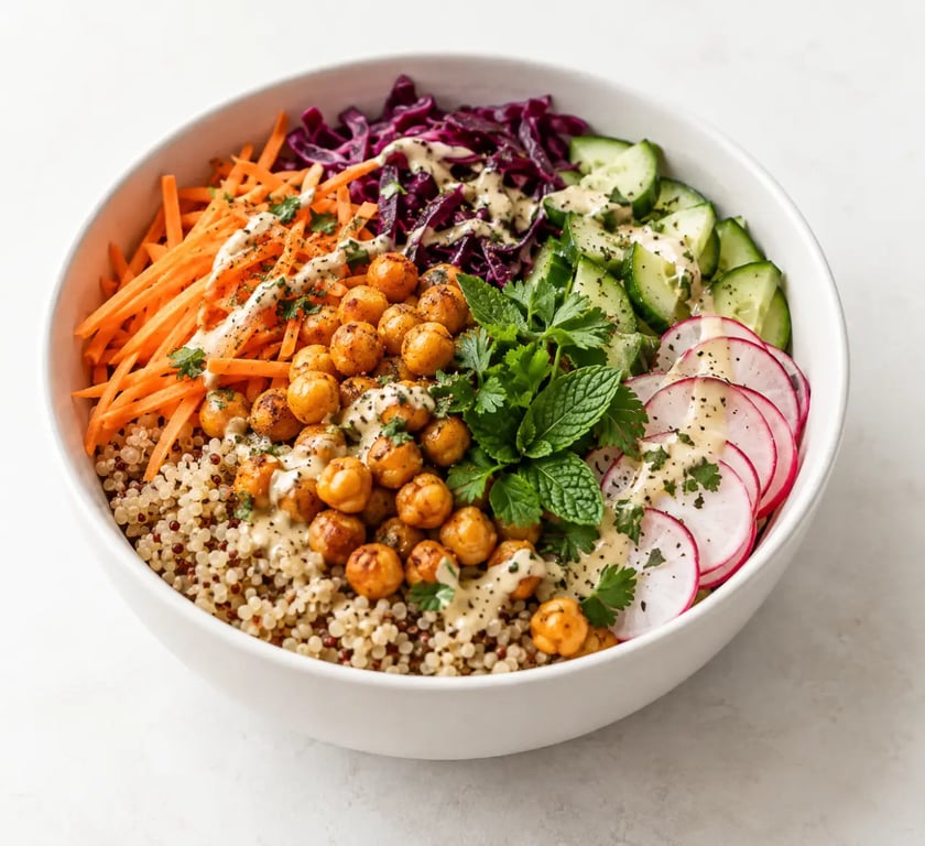 Recettes healthy faciles : bol de quinoa, pois chiches et crudités