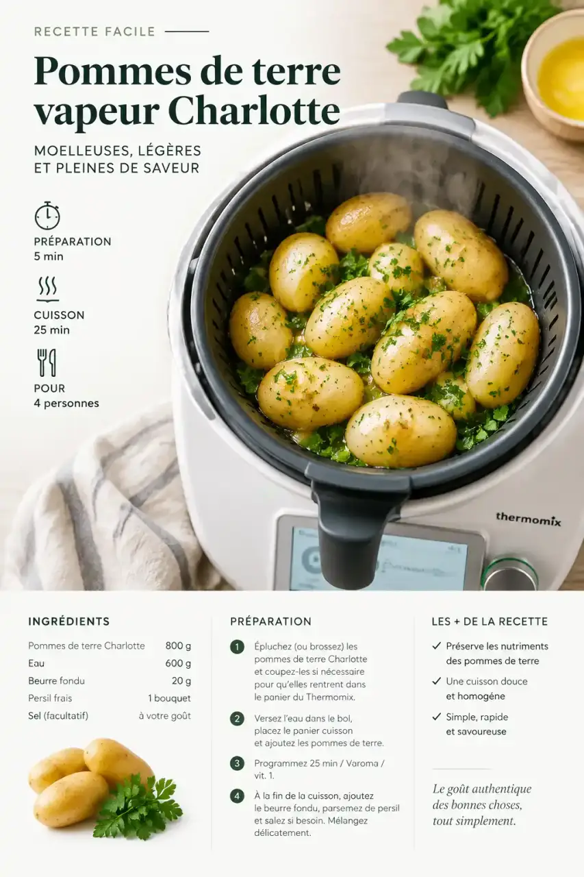 Cuisson des pommes de terre au Thermomix : pommes de terre vapeur dans le panier, persillées et prêtes à servir