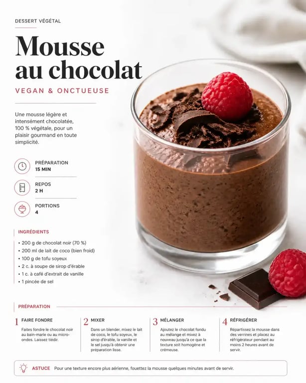 Mousse au chocolat vegan onctueuse, recette dessert vegan gourmand
