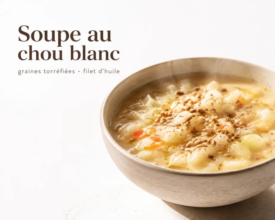 Recette soupe au chou blanc servie dans un bol avec texture crémeuse
