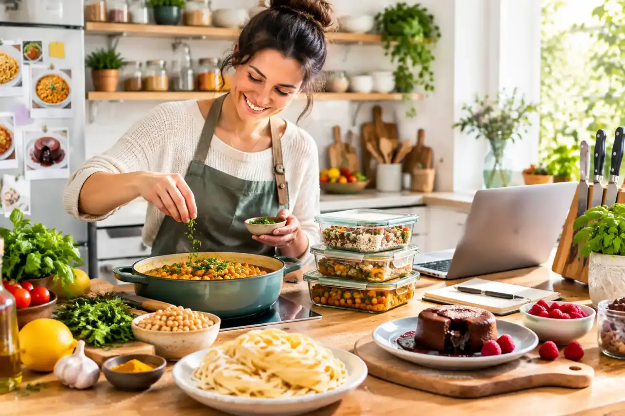 Plan de travail de cuisine organisé avec des ingrédients frais prêts pour un cas pratique culinaire