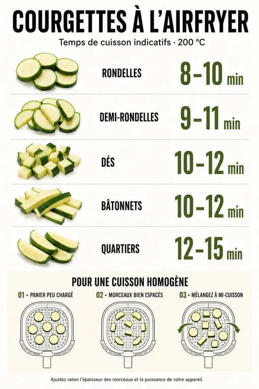 Infographie du temps de cuisson des courgettes à l’Airfryer selon la coupe