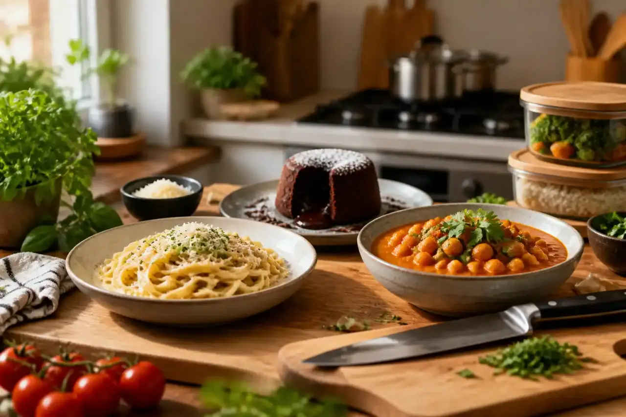 Préparation de plats maison variés et colorés sur un plan de travail en bois