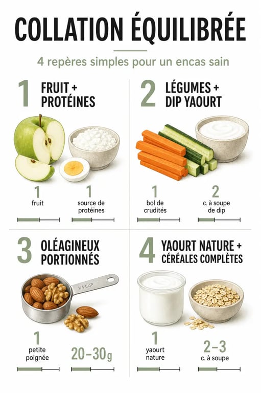 Encas sain : visuel de collations équilibrées avec portions et combinaisons simples