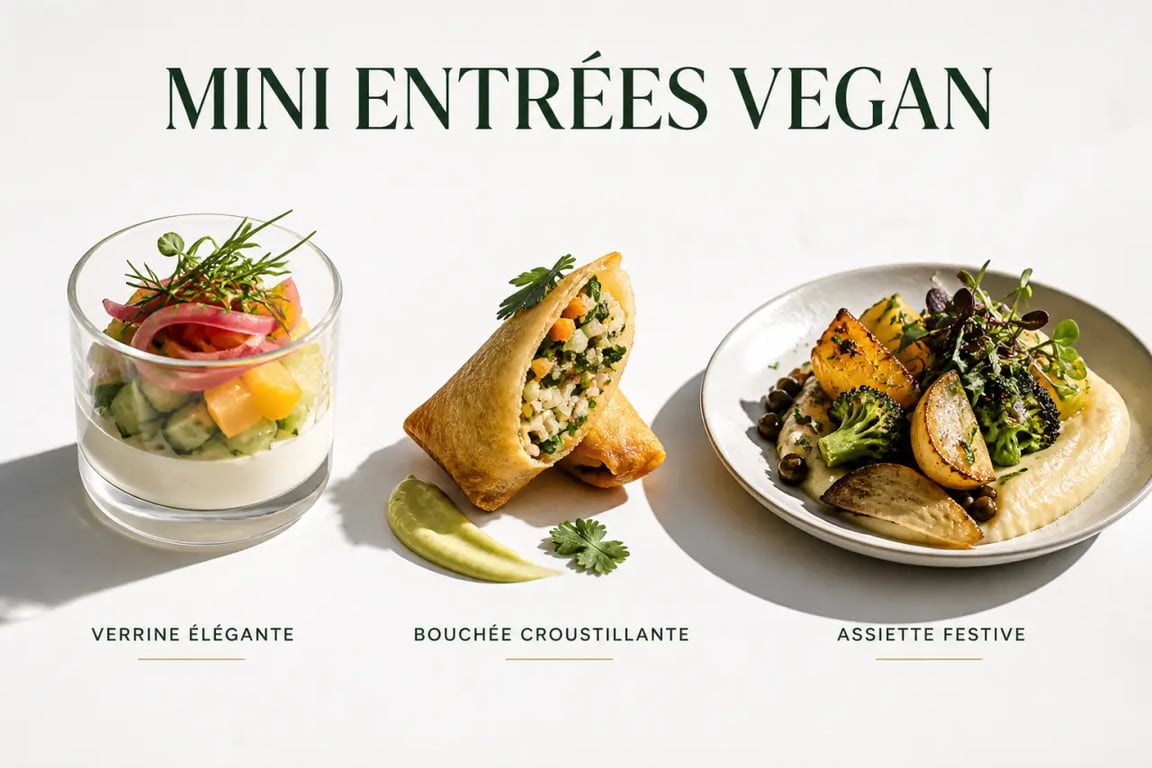 Sélection d’entrée vegan gastronomique en verrine, bouchée croustillante et petite assiette festive
