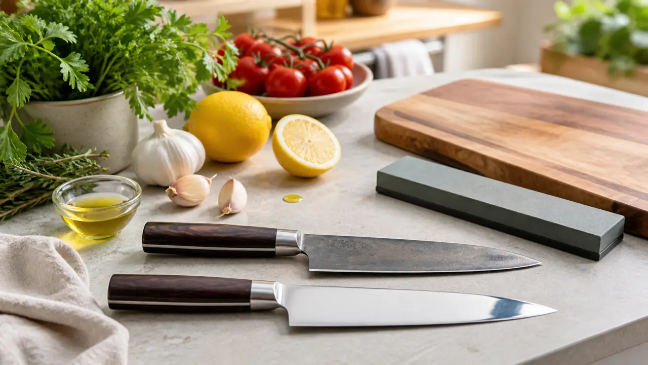 Couteau de cuisine posé sur une planche en bois dans une ambiance chaleureuse