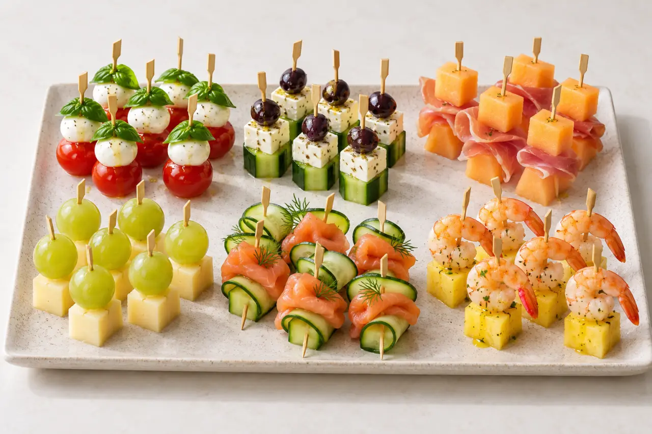 Brochette froide apéritif : plateau coloré de six associations sans cuisson