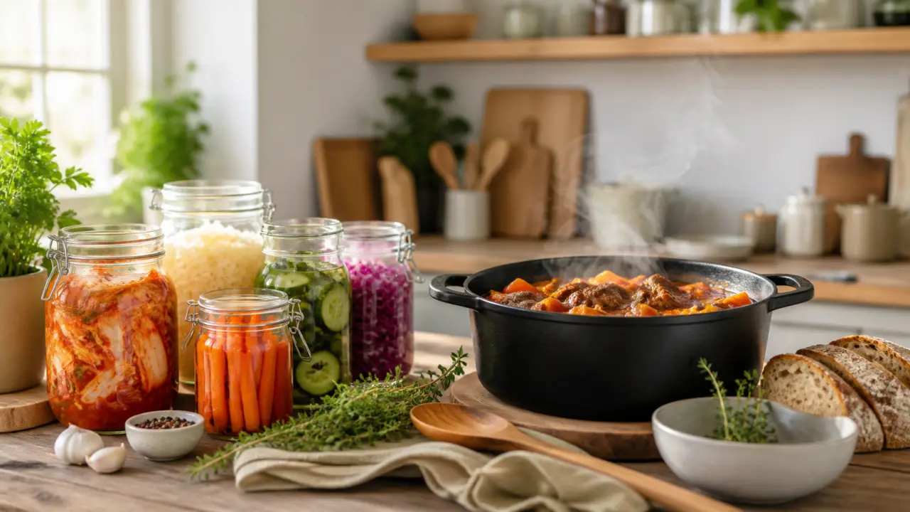 Table de cuisine rustique avec ingrédients frais et plat mijoté dressé