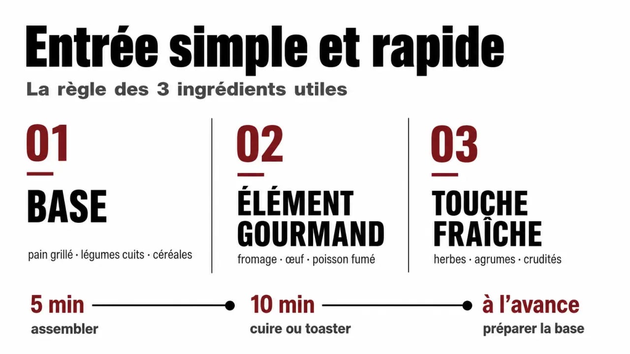 Entree simple rapide : schéma éditorial des 3 ingrédients utiles et du bon timing de préparation
