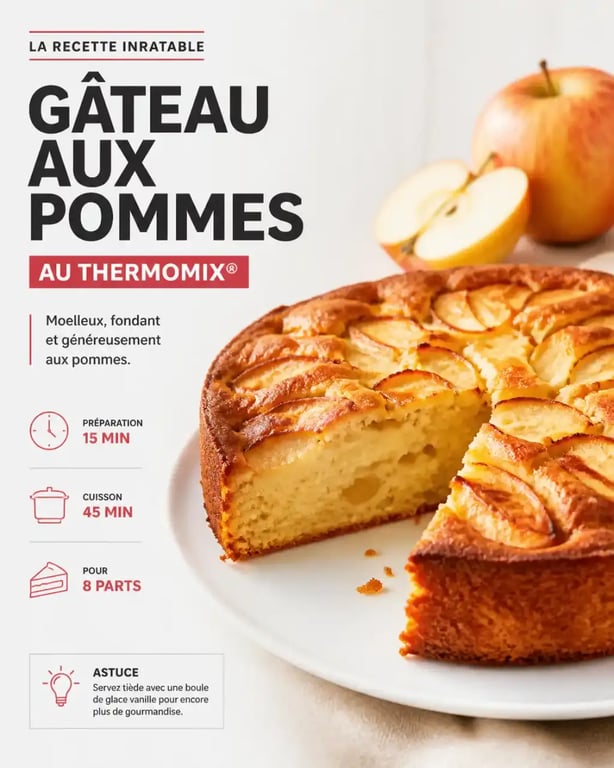 Gâteau au pomme au Thermomix moelleux et doré, servi sur une assiette blanche