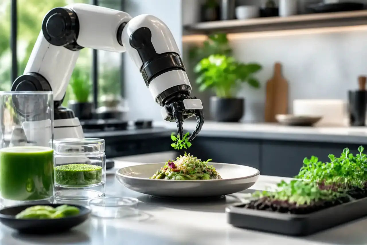 Cuisine futuriste combinant des herbes fraîches, des micro-algues lumineuses et des bras robotiques d'assistance de haute technologie