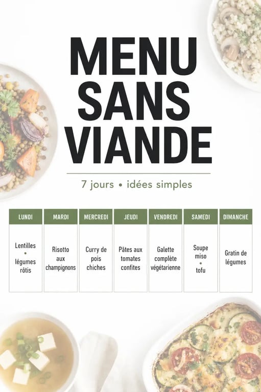 Menu 1 semaine sans viande : planning visuel des repas du lundi au dimanche