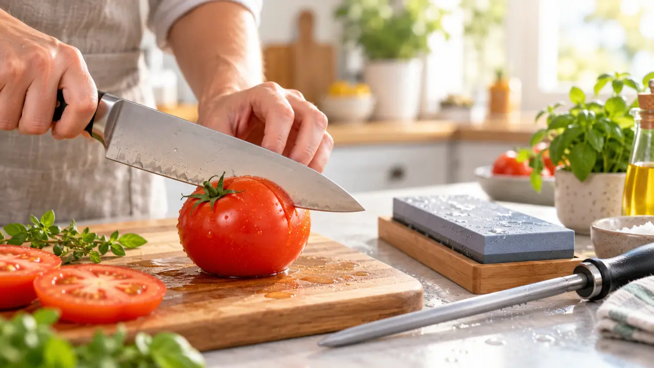 Couteau de cuisine en cours d'affûtage sur une pierre à aiguiser