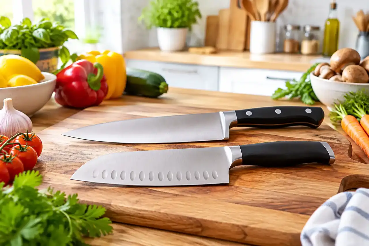 Couteau de chef et couteau santoku sur une planche en bois avec des légumes frais