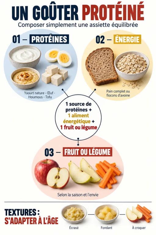 Infographie sur la composition d’un goûter enfant protéiné avec yaourt, pain complet et fruit