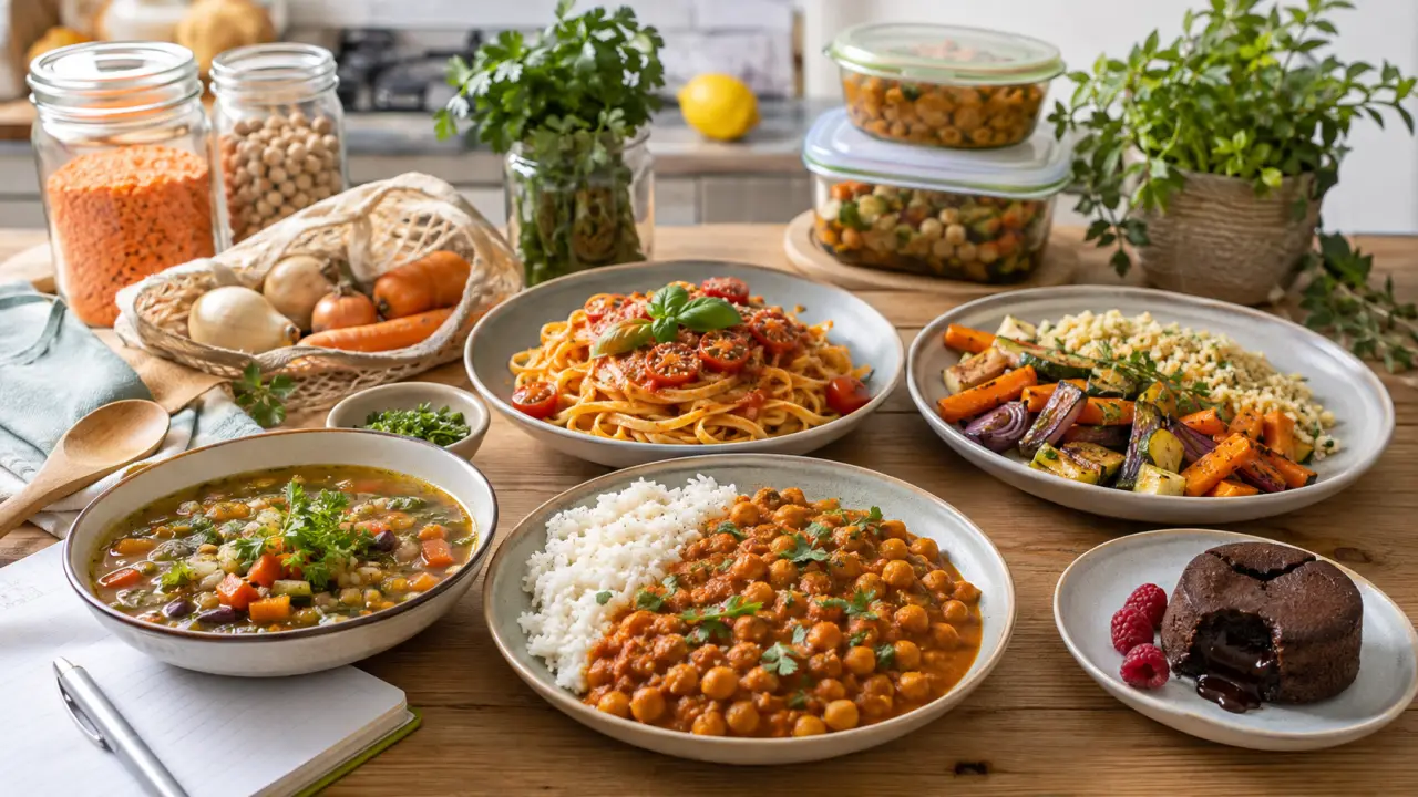 Table de cuisine rustique avec ingrédients frais et plat maison dressé